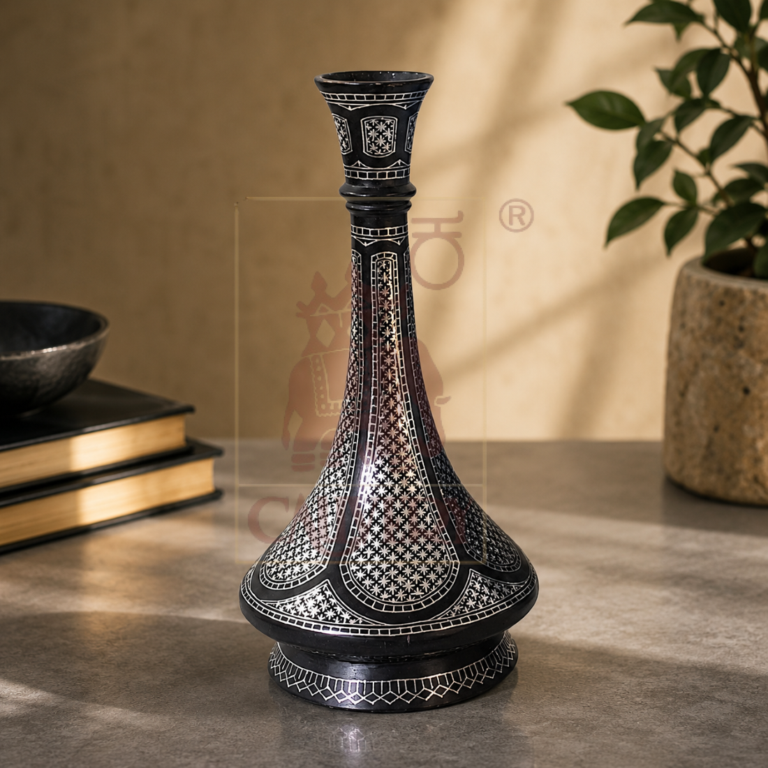 Bidri Shahanai Flower Vase 9.5"