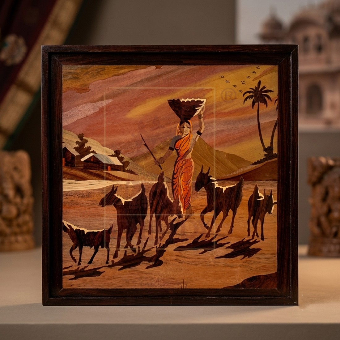 Rosewood Inlay Wall Panel - Village Scenery 19"x19"