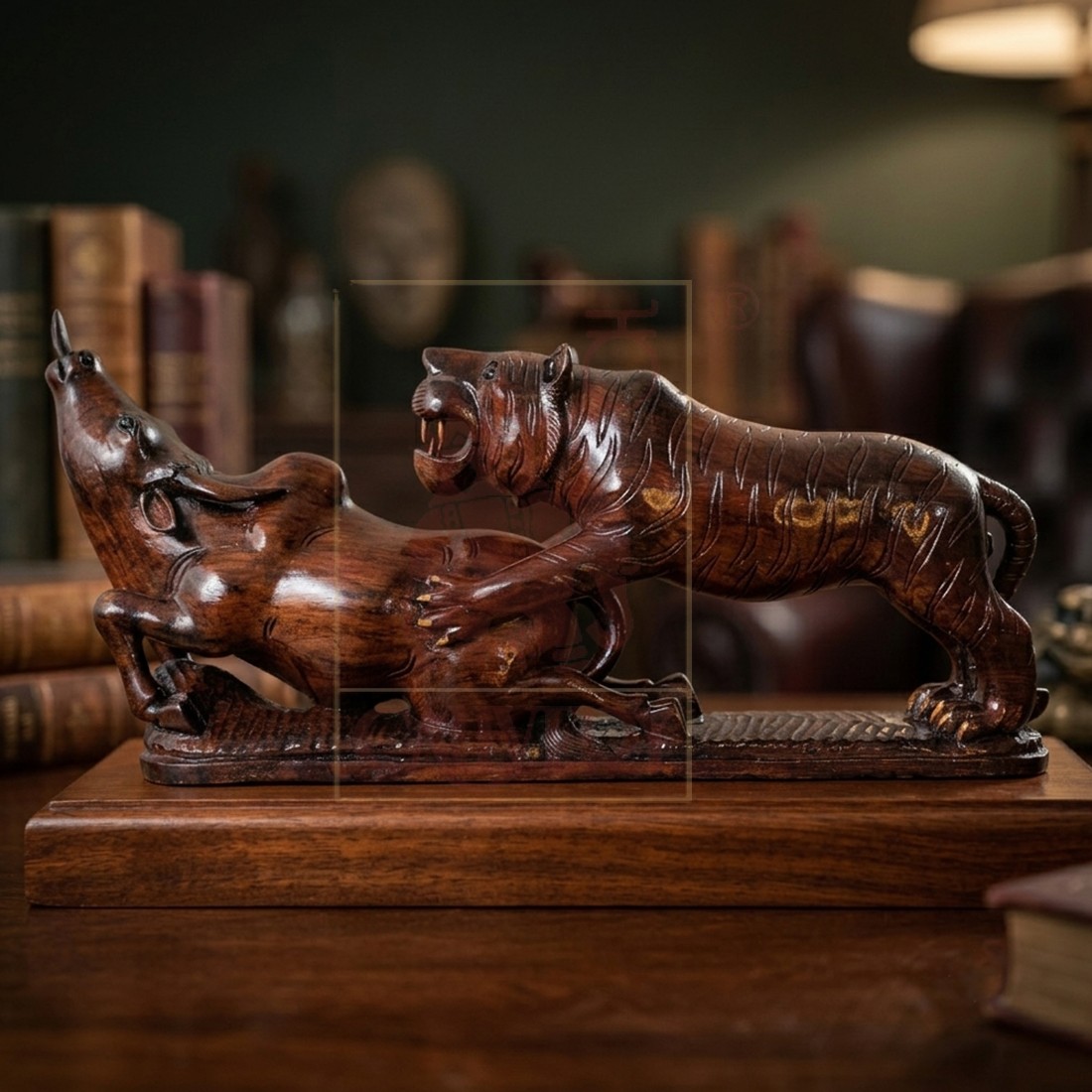 Rosewood Carved Tiger & Bull 15"x30"