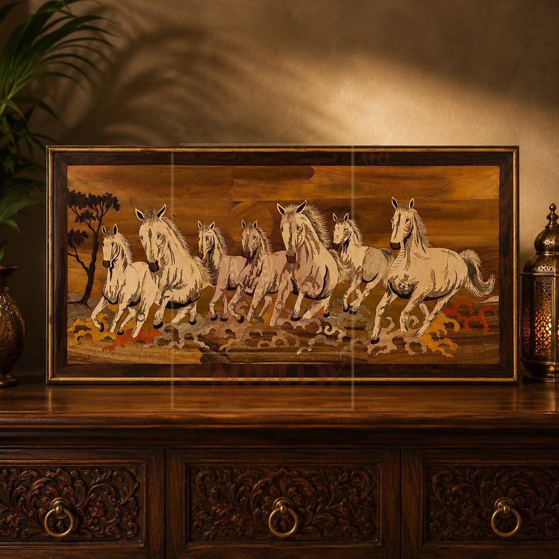 Rosewood Inlay Wall Frame - Seven Horse 28"x40"