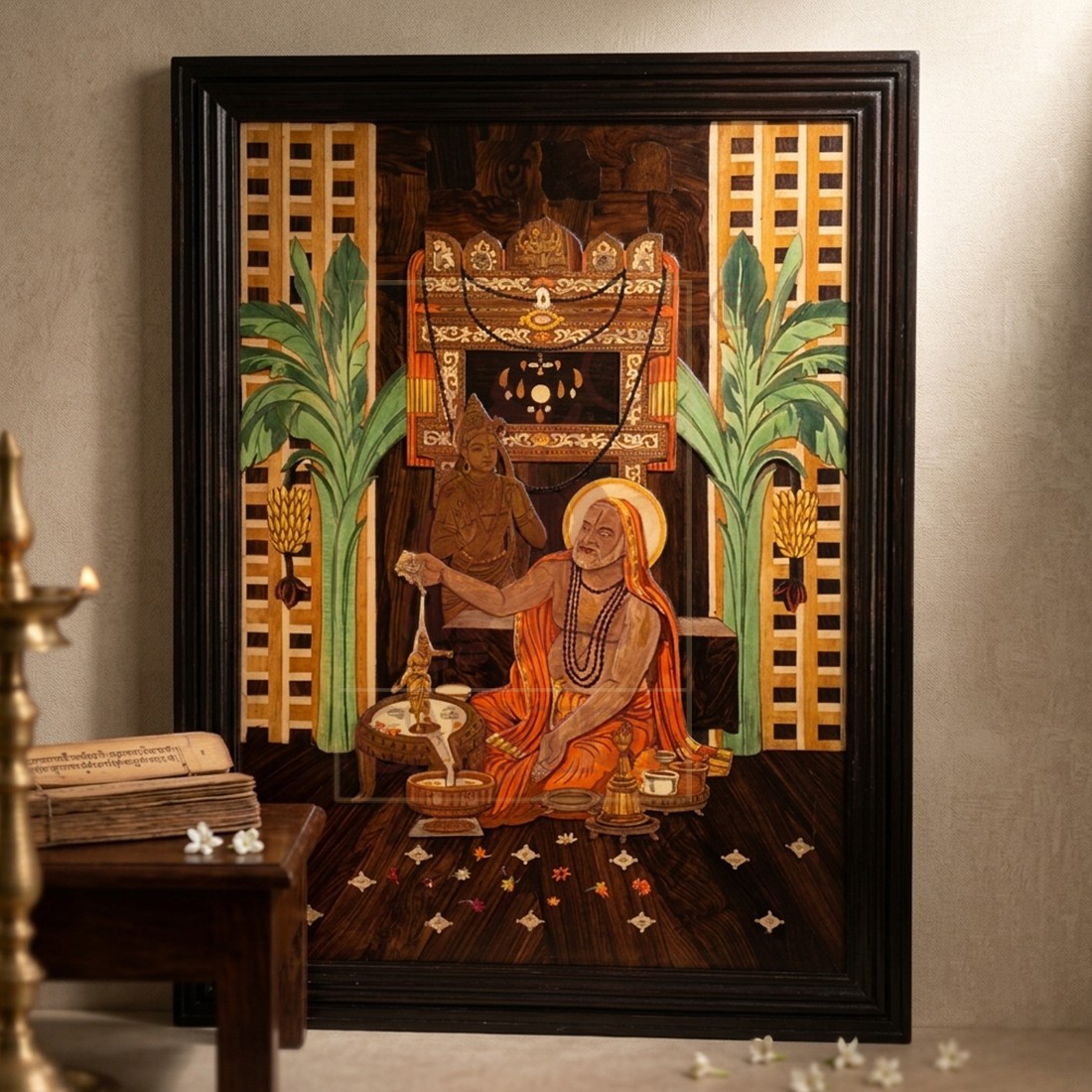 Rosewood Inlay Wall Panel - Sri Raghavendra Swamy