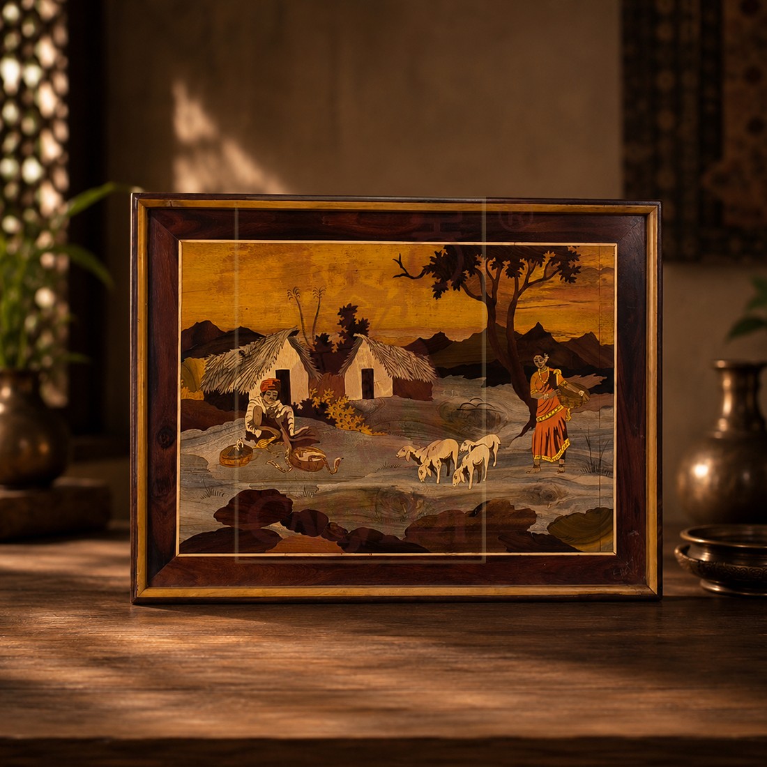 Rosewood Inlay Wall Frame - Village Scene 18"x24"