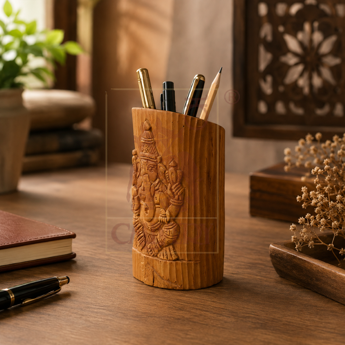 Sandalwood Mysore Ganesha Pencil Vase 4 1/2"