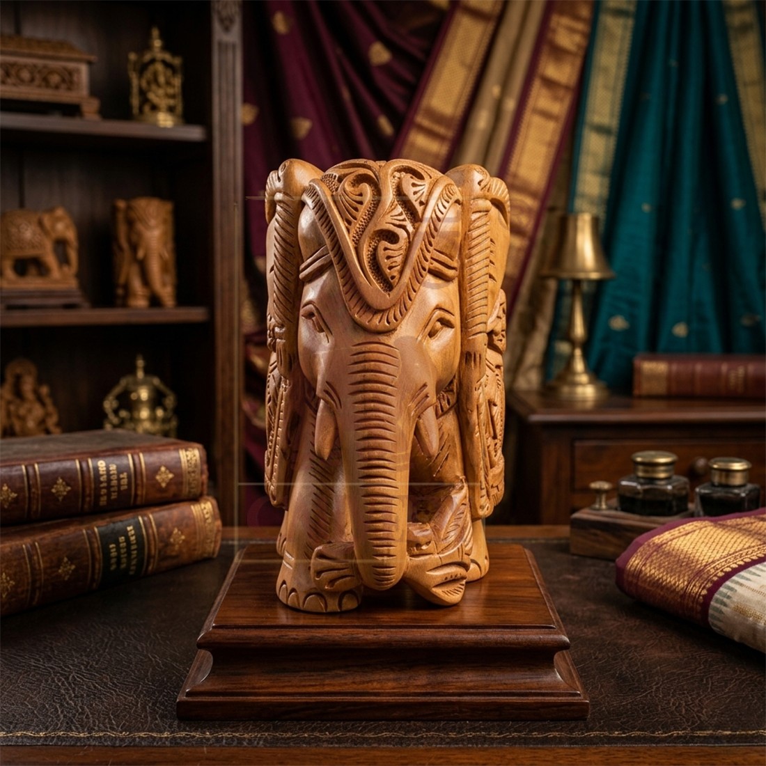 Sandalwood Carved Elephant Trunk Down 3"