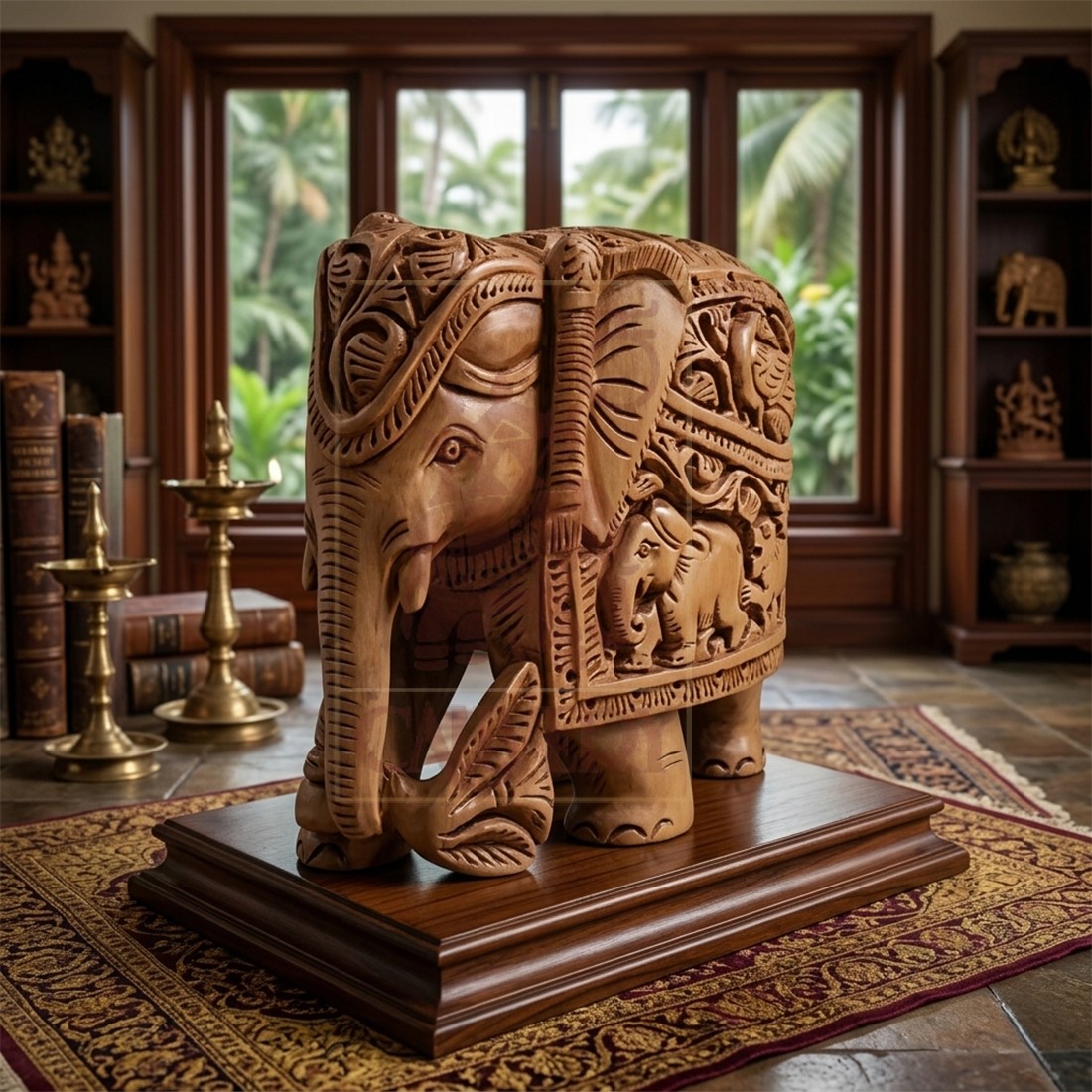 Sandalwood Carved Elephant Trunk Down 4"