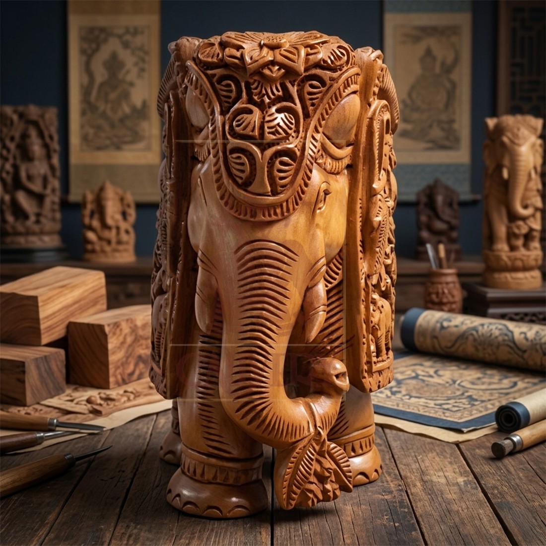 Sandalwood Special Carved Elephant Trunk Down 5"