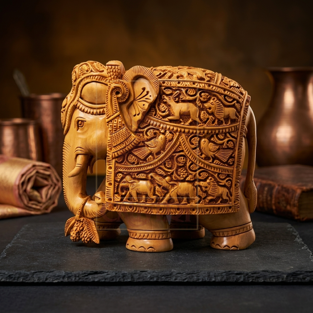 Sandalwood Special Carved Elephant Trunk Down 6"