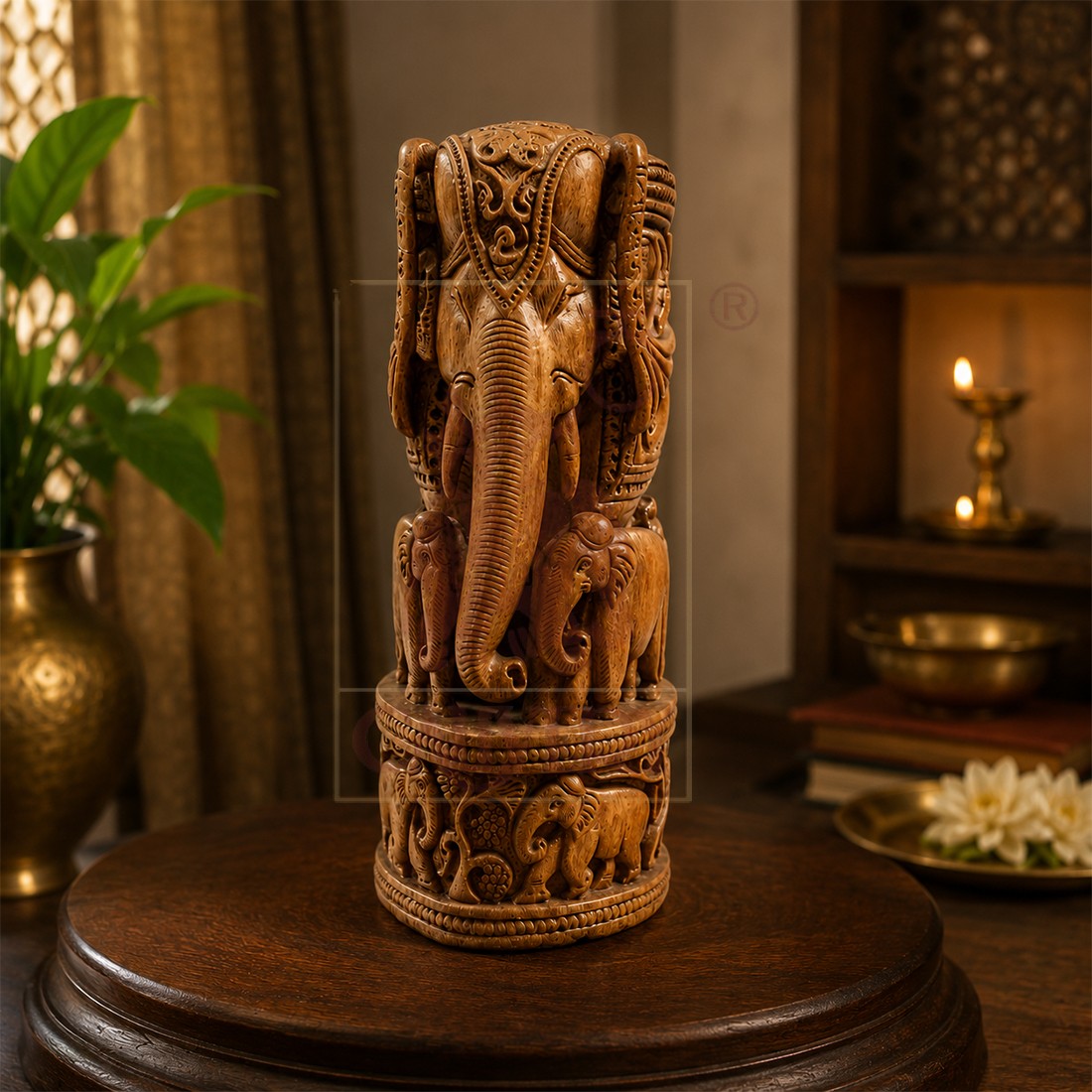 Sandalwood Special Carved Elephant With Baby 8"