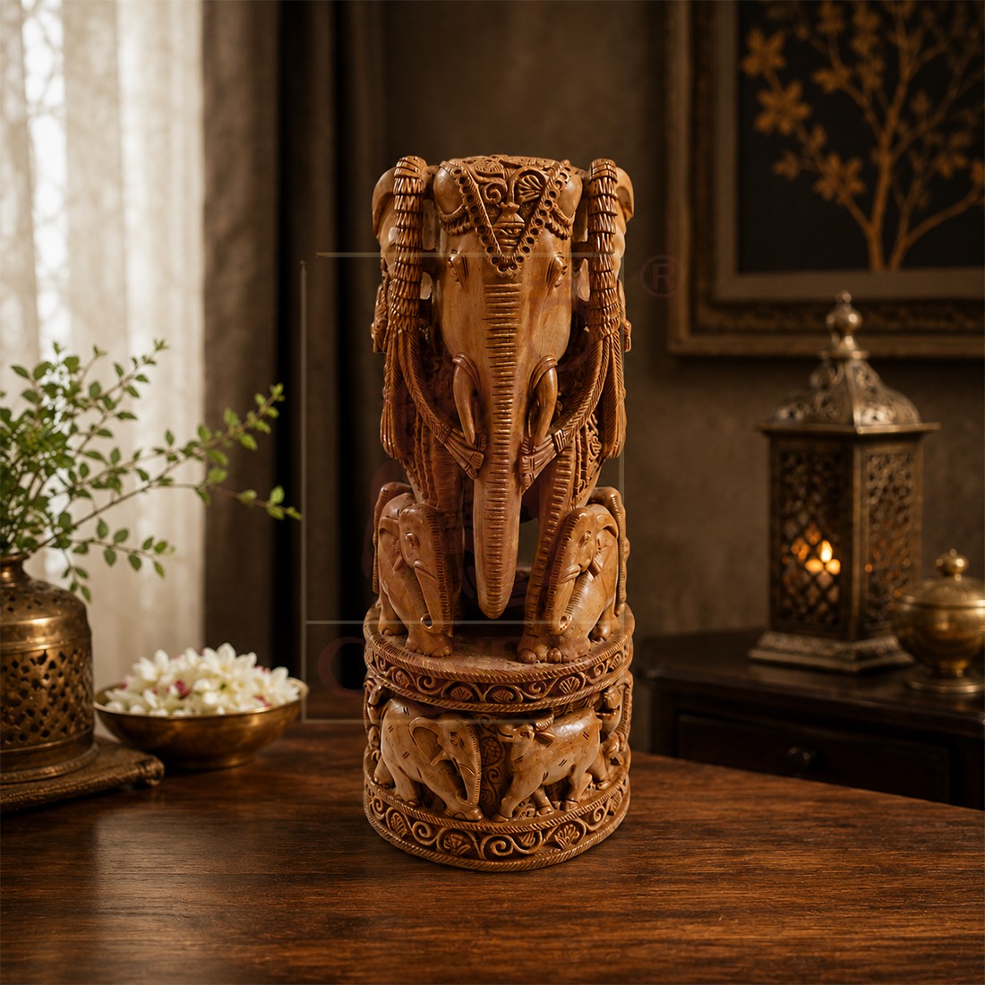 Sandalwood Special Carved Elephant With Baby 10" 
