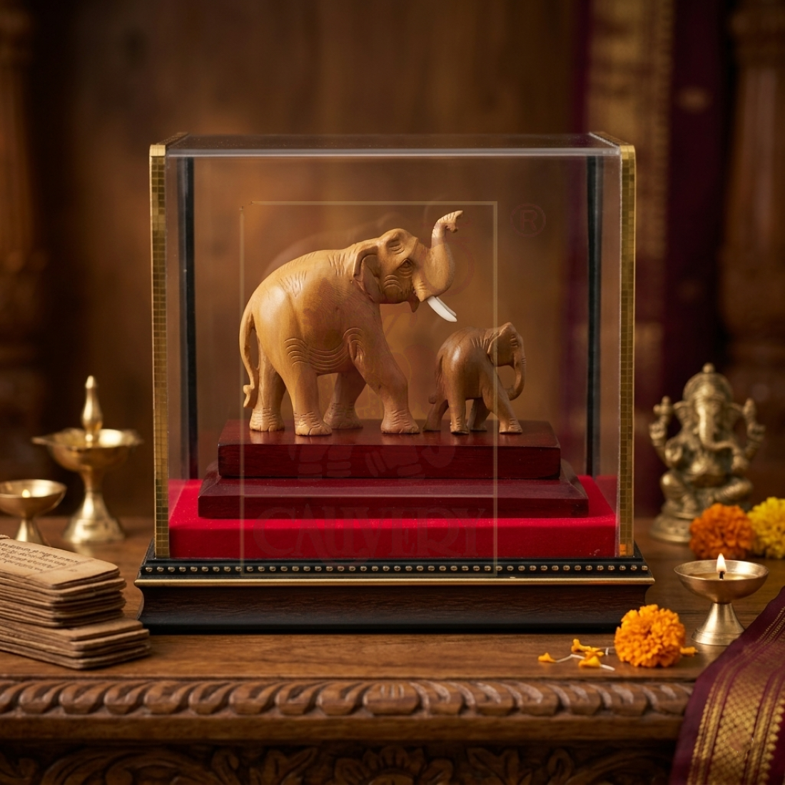 Sandalwood Elephant With Baby