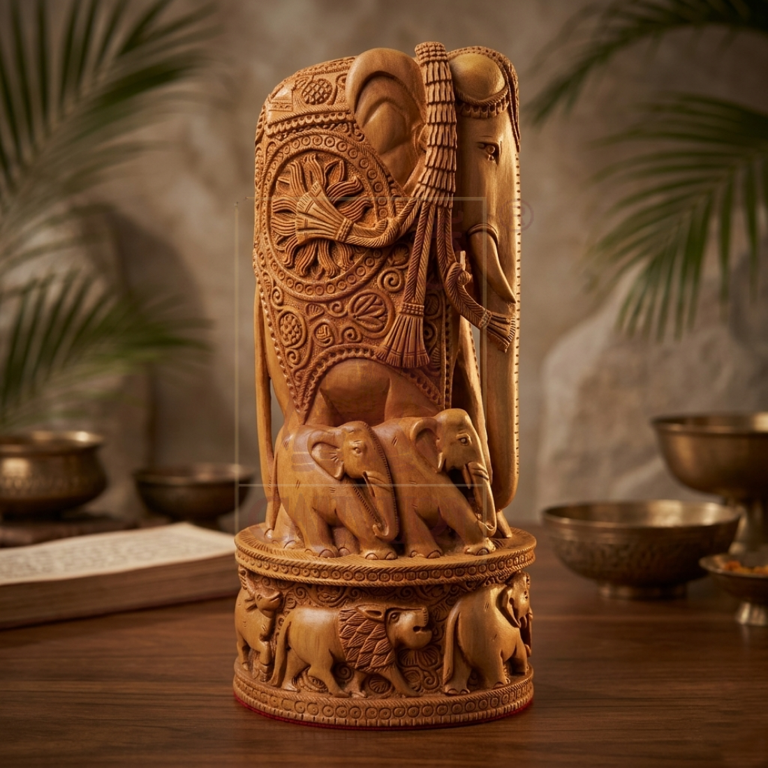 Sandalwood Special Carved Elephant With Baby 13"