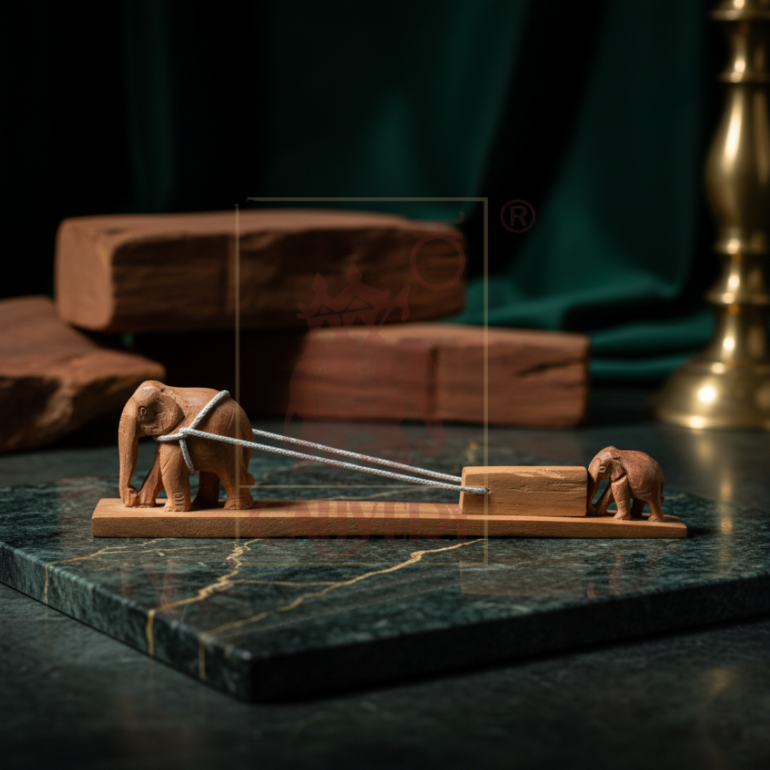 Sandalwood Pushing Log Elephant With Baby Set 1 1/4"