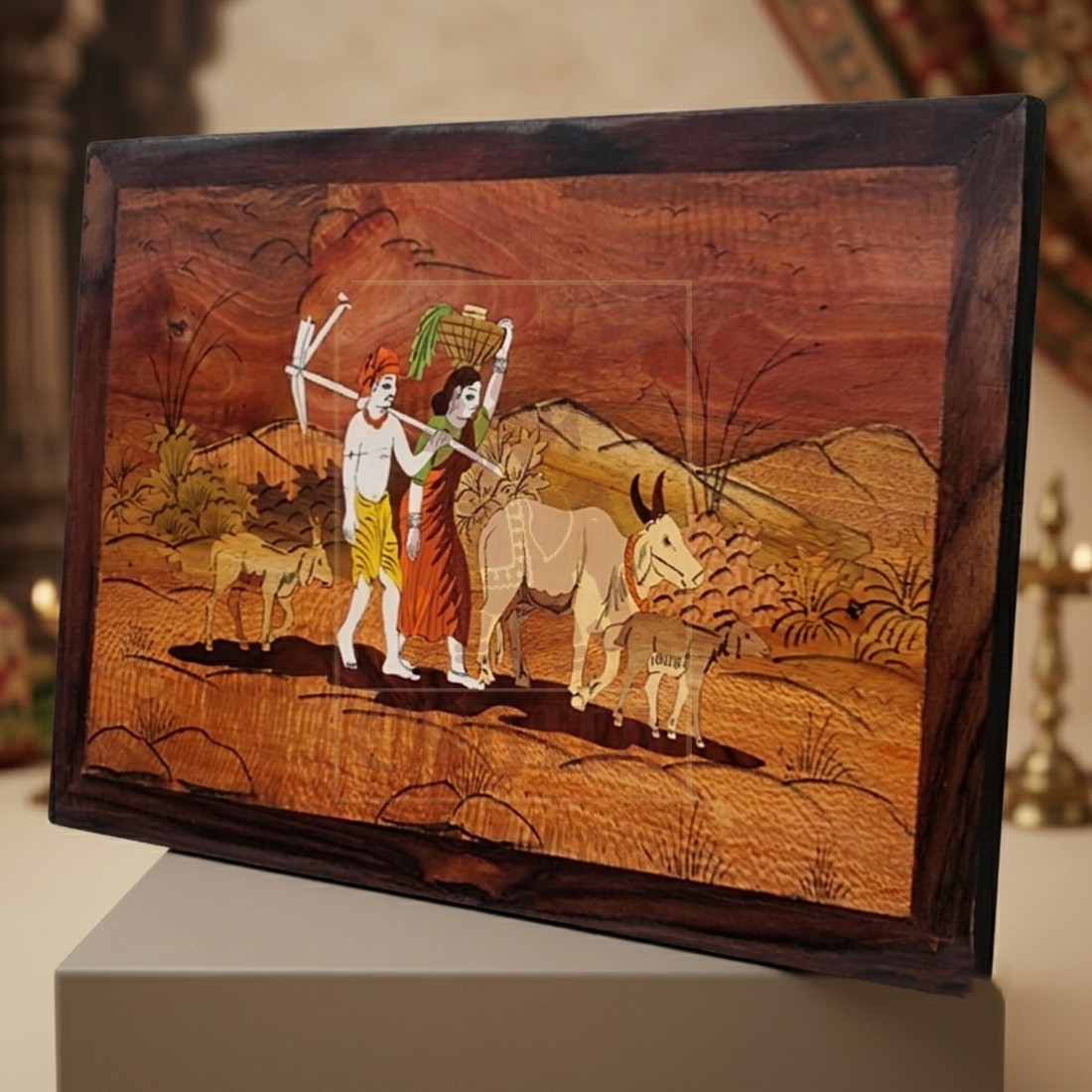 Rosewood Inlay Wall Frame - Village Scenery 