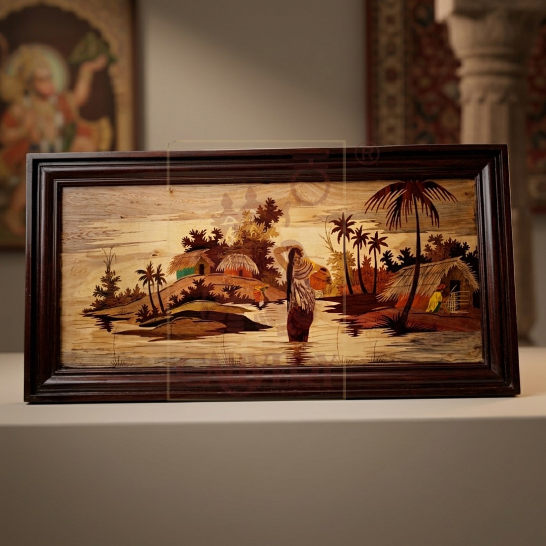 Rosewood Inlay Wall Frame Panel - Village Scenery